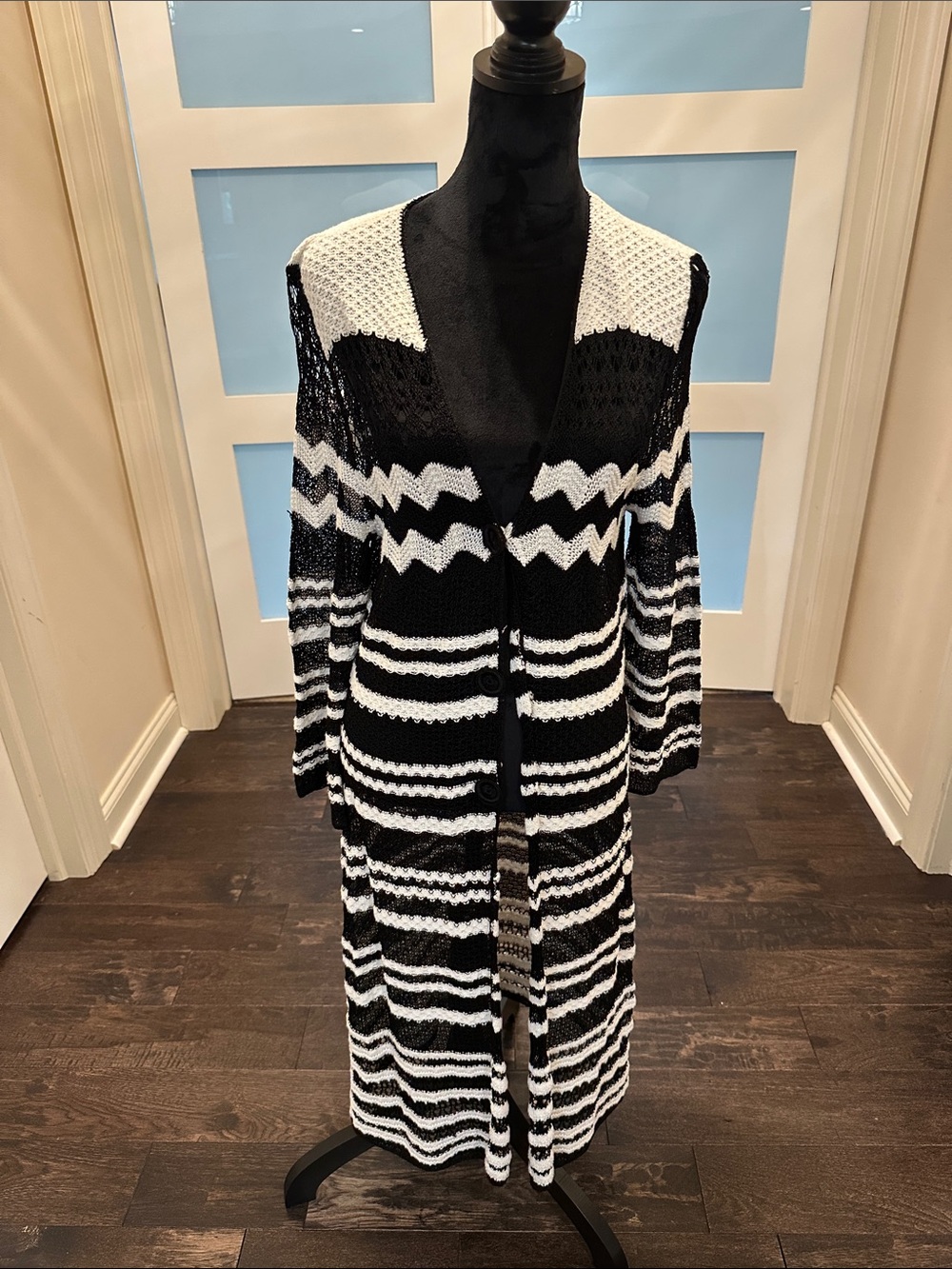 Chicos Black & White Striped Open-Knit Long Cardigan Sweater Size 3